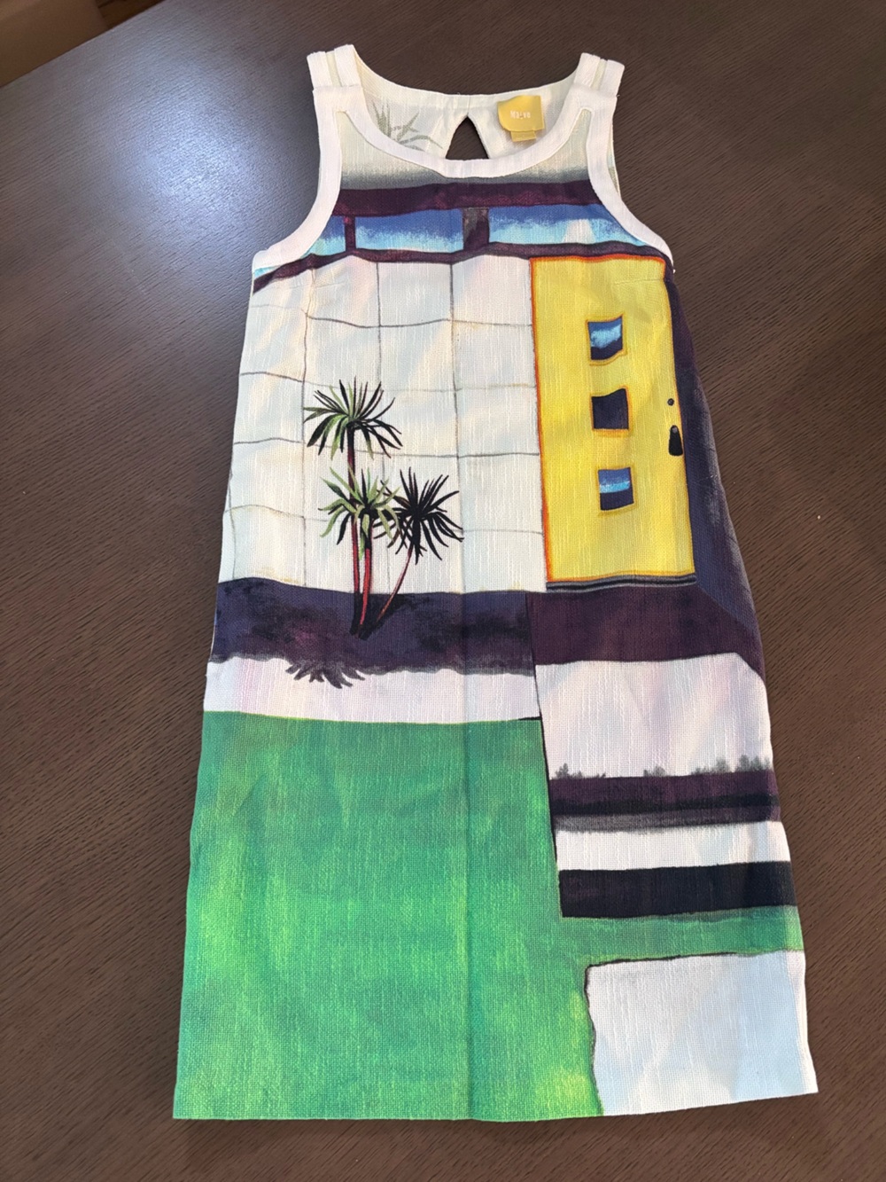 Maeve Mini Dress with Green, Yellow and Black Palm Print swimming pool